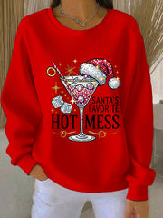 Women's Santa's Favorite Hot Mess Print Casual  Ribbed Round-Neck Sweatshirt