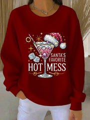 Women's Santa's Favorite Hot Mess Print Casual  Ribbed Round-Neck Sweatshirt