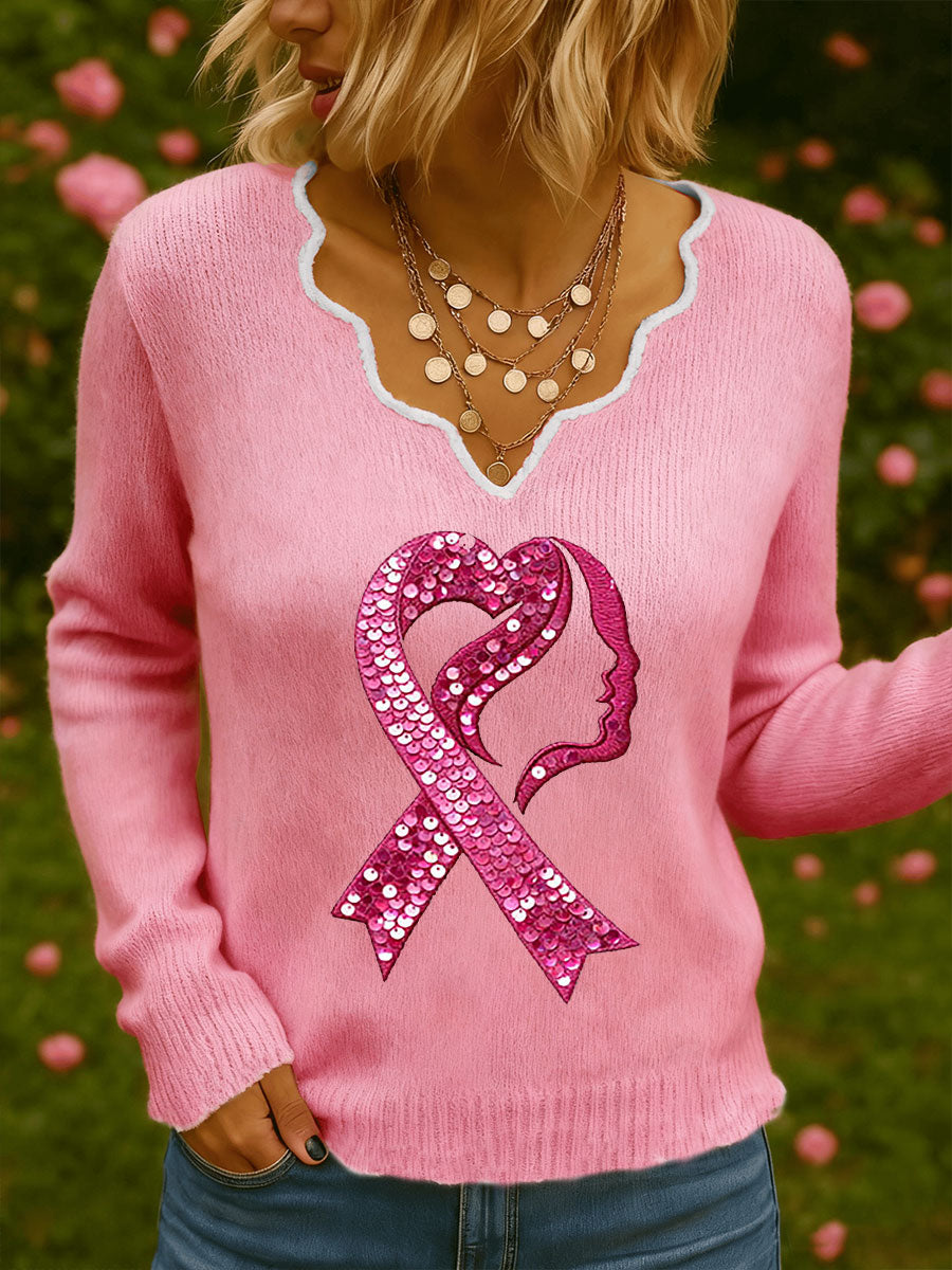 Women's Breast Cancer Awareness Print Casual Long Sleeve Shirt