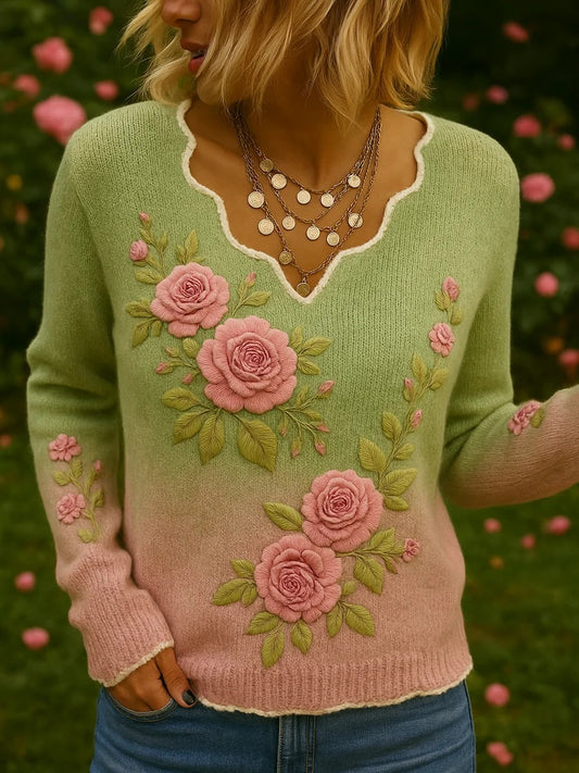 Women's Vintage Art Floral Print Casual Long Sleeve Top