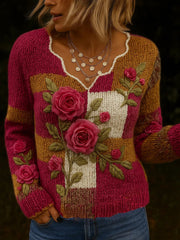 Women's Vintage Art Floral Print Casual Long Sleeve Top