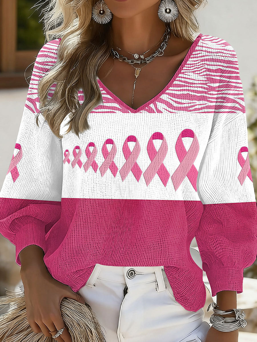 Women's breast cancer pink ribbon V-neck tops