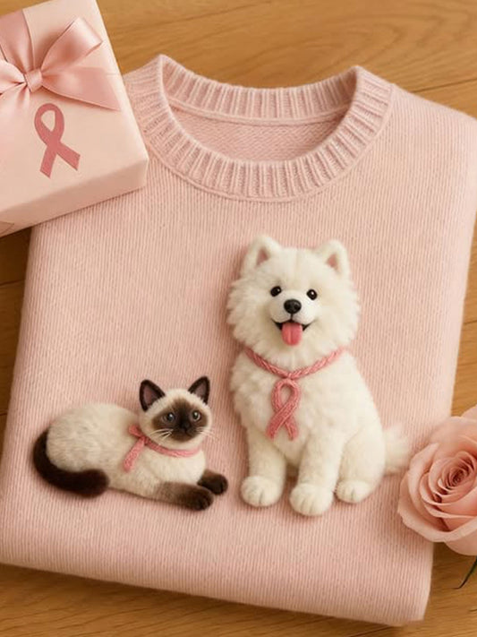 Women's Breast Cancer Awareness Cute Animal Regular Sweater