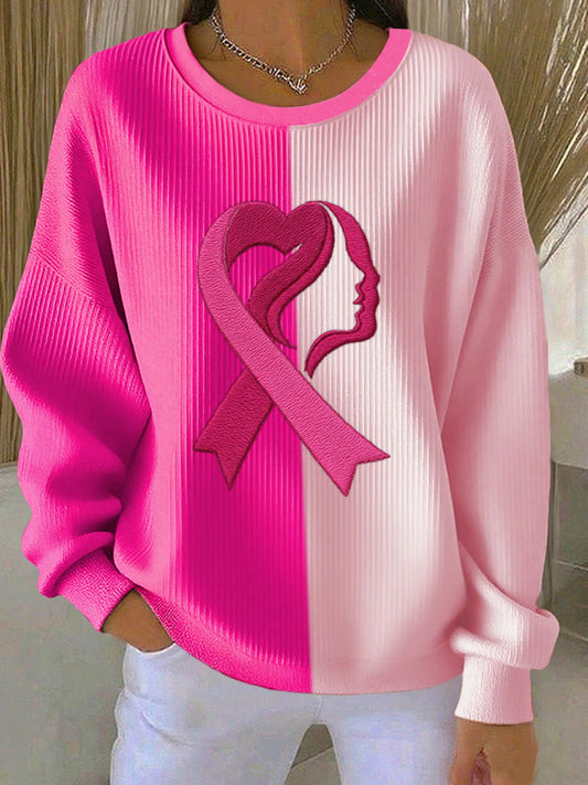 Women's Breast Cancer Awareness Print Ribbed Round-Neck Sweatshirt