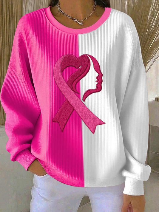 Women's Breast Cancer Awareness Print Ribbed Round-Neck Sweatshirt