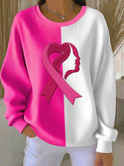 Women's Breast Cancer Awareness Print Ribbed Round-Neck Sweatshirt