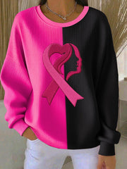 Women's Breast Cancer Awareness Print Ribbed Round-Neck Sweatshirt
