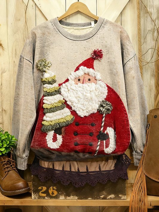 Women's Vintage Christmas Santa Claus Christmas Tree Art Print Casual Sweatshirt