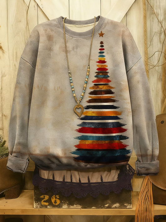 Women's Vintage Christmas Tree Art Print Casual  Sweatshirt