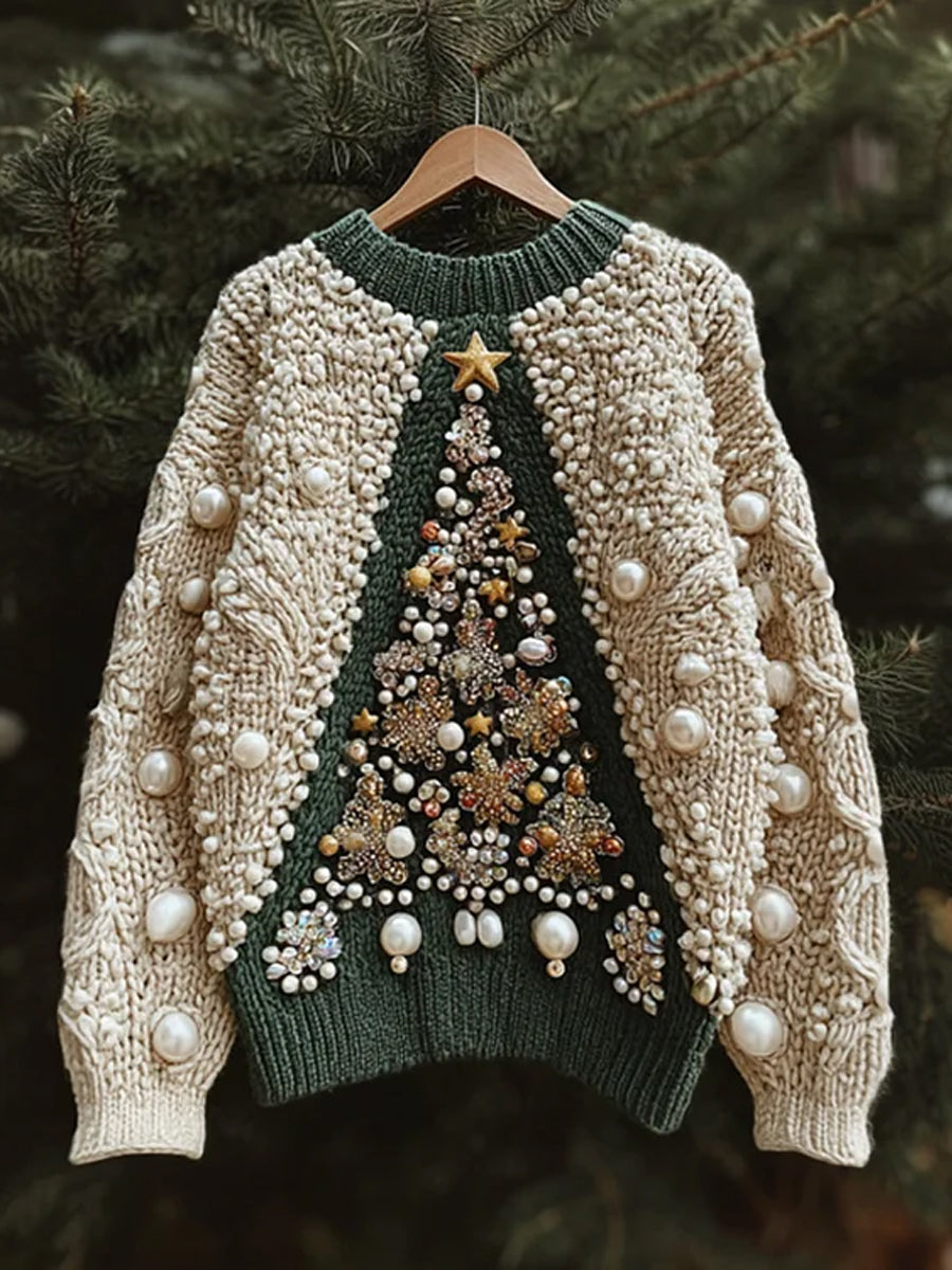 Women's Vintage Christmas Tree Art Print Casual Sweatshirt