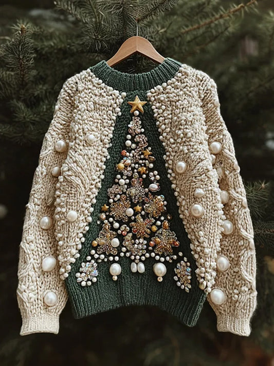 Women's Vintage Christmas Tree Art Print Casual Sweatshirt
