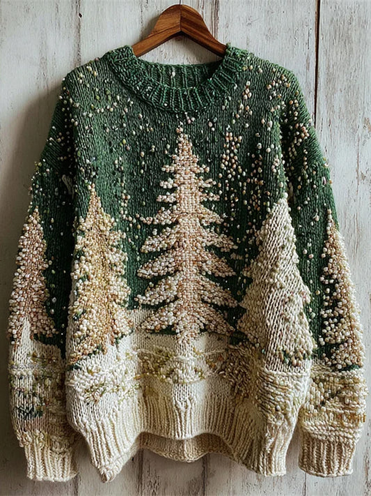 Women's Vintage Christmas Tree Art Print Casual Sweatshirt
