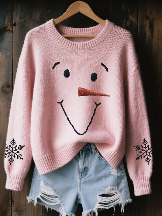 Women's Cute Snowman Embroidered Cozy Knit Sweater