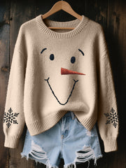 Women's Cute Snowman Embroidered Cozy Knit Sweater