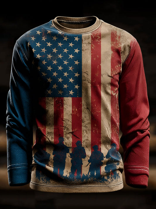 Men's Veterans Day US Flag Printed Crew Neck Sweatshirt