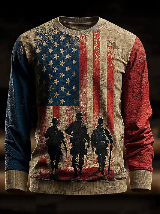 Men's Veterans Day US Flag Printed Crew Neck Sweatshirt