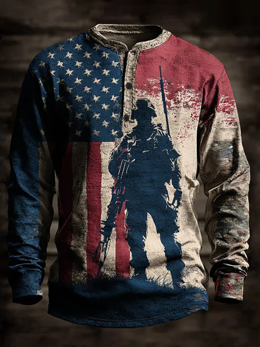 Men's Veterans Day US Flag Printed Long Sleeve T-Shirt