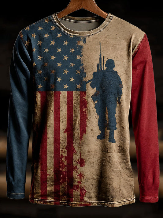 Men's Veterans Day US Flag Printed Long Sleeve T-Shirt