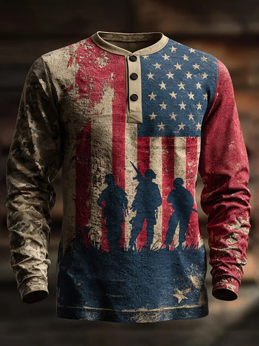 Men's Veterans Day US Flag Printed Long Sleeve T-Shirt
