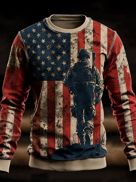 Men's Veterans Day US Flag Printed Crew Neck Sweatshirt