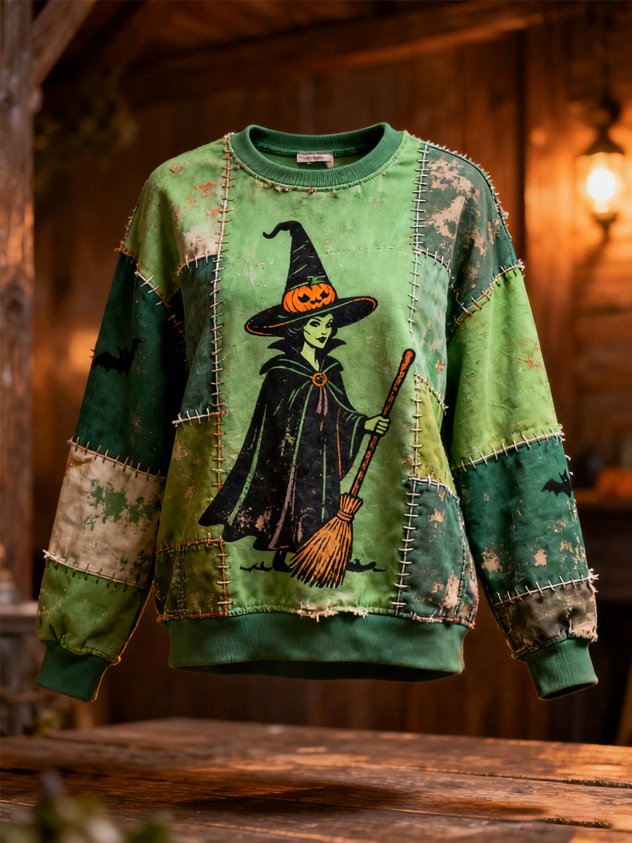 Women's Halloween Witch Pumpkin Patchwork Print Casual Sweatshirt