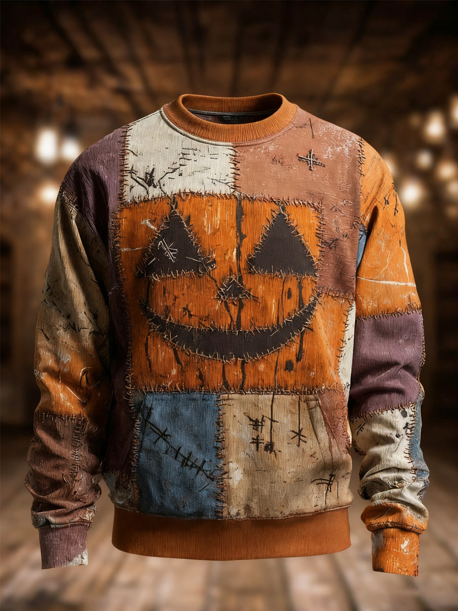 Men's Halloween Pumpkin Face Patchwork Print Casual Sweatshirt