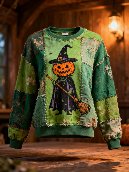 Women's Halloween Pumpkin Witch Patchwork Print Casual Sweatshirt