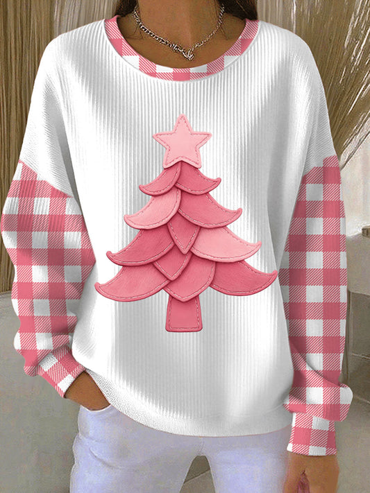 Women's Christmas Tree Print Ribbed Round-Neck Sweatshirt