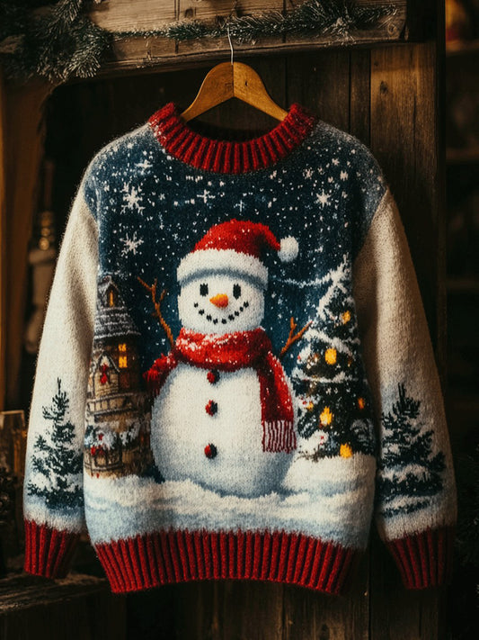 Women's Christmas Snowman Print Art Casual Knitted Sweater