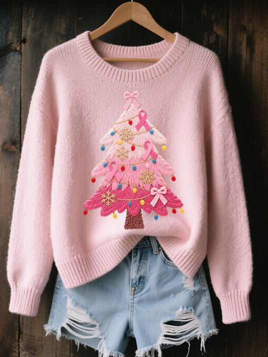 Women's Pink Christmas Tree Embroidered Cozy Knit Sweater