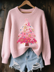Women's Pink Christmas Tree Embroidered Cozy Knit Sweater