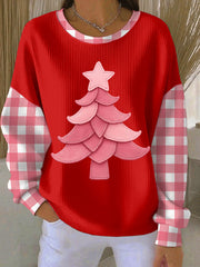 Women's Christmas Tree Print Ribbed Round-Neck Sweatshirt