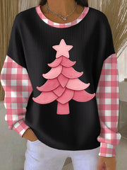 Women's Christmas Tree Print Ribbed Round-Neck Sweatshirt