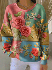 Women's Retro Art Floral Ribbed Round-Neck Sweatshirt