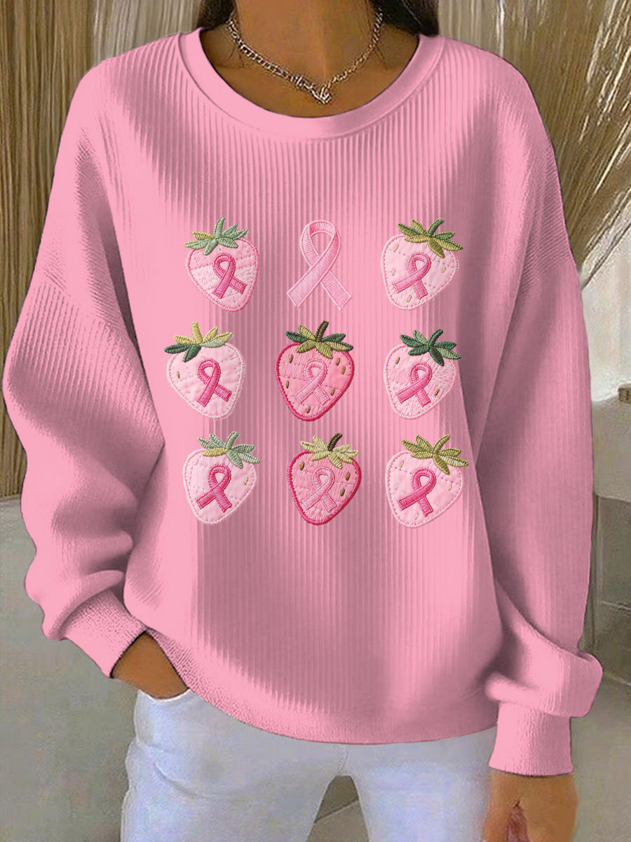 Women's Breast Cancer Pink Embroidered Strawberry Printed Casual Sweatshirt