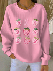 Women's Breast Cancer Pink Embroidered Strawberry Printed Casual Sweatshirt