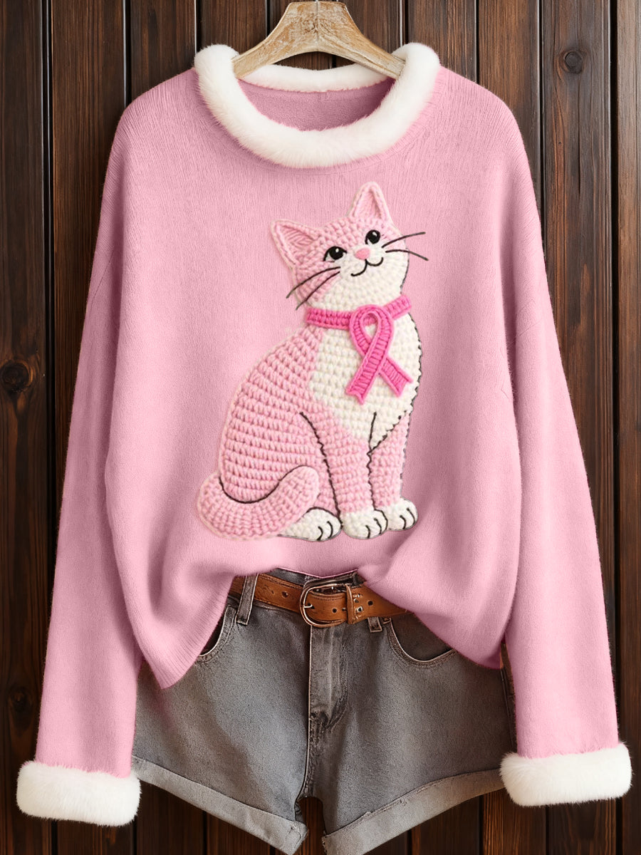 Women's Lovely Cat Embroidered Cozy Furry Top