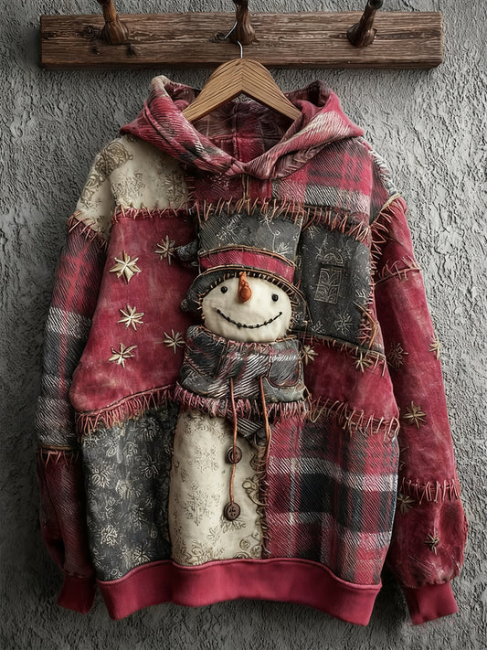 Women's Vintage Snowman Plaid Colorblock Patchwork Hoodie
