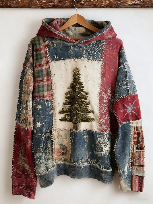Women's Vintage Christmas Tree Plaid Colorblock Patchwork Hoodie