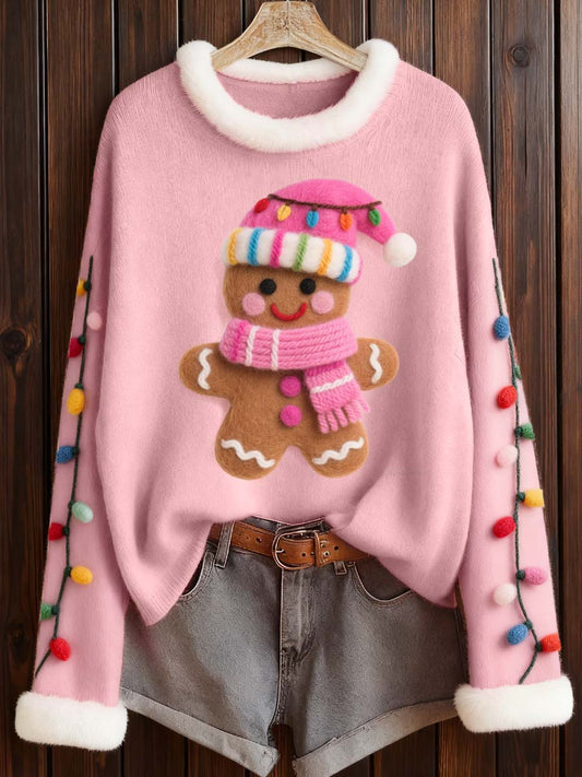 Women's Christmas Gingerbread Felt Pattern Furry Top