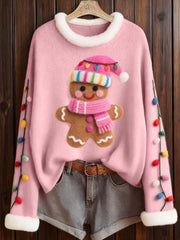 Women's Christmas Gingerbread Felt Pattern Furry Top