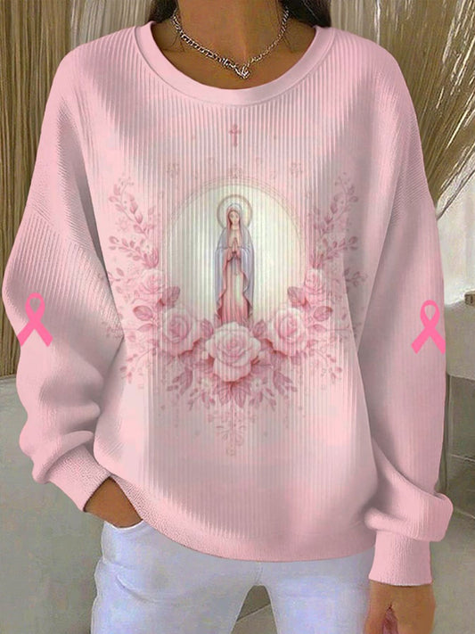 Women's Virgin Mary Pink Breast Cancer Awareness Ribbed Round-Neck Sweatshirt
