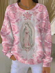 Women's Virgin Mary Pink Breast Cancer Awareness Ribbed Round-Neck Sweatshirt