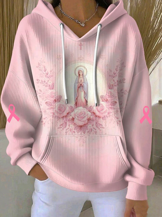 Women's Virgin Mary Pink Breast Cancer Awareness Flowers Hoodie