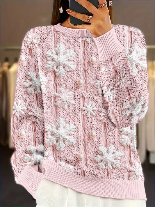 Women's Christmas Pink  Snowflake  Cozy Sweater