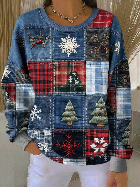 Women's Christmas Art Print Crew Neck Long Sleeve Sweatshirt