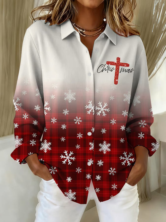 Women's Christmas Gradient Plaid Print Casual Linen Shirt