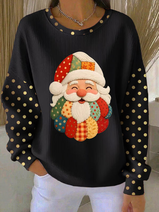 Women's Christmas Santa Claus Art  Ribbed Round-Neck Sweatshirt