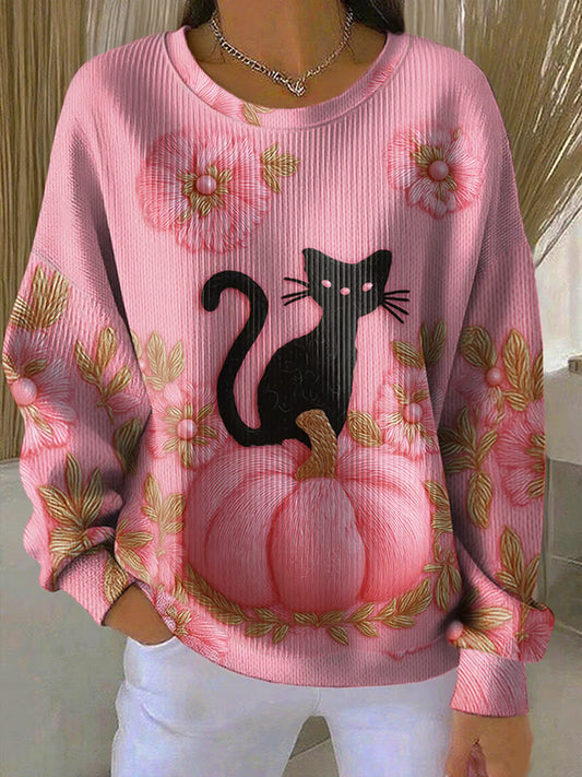 Women's Floral Cat Print Ribbed Round-Neck Sweatshirt