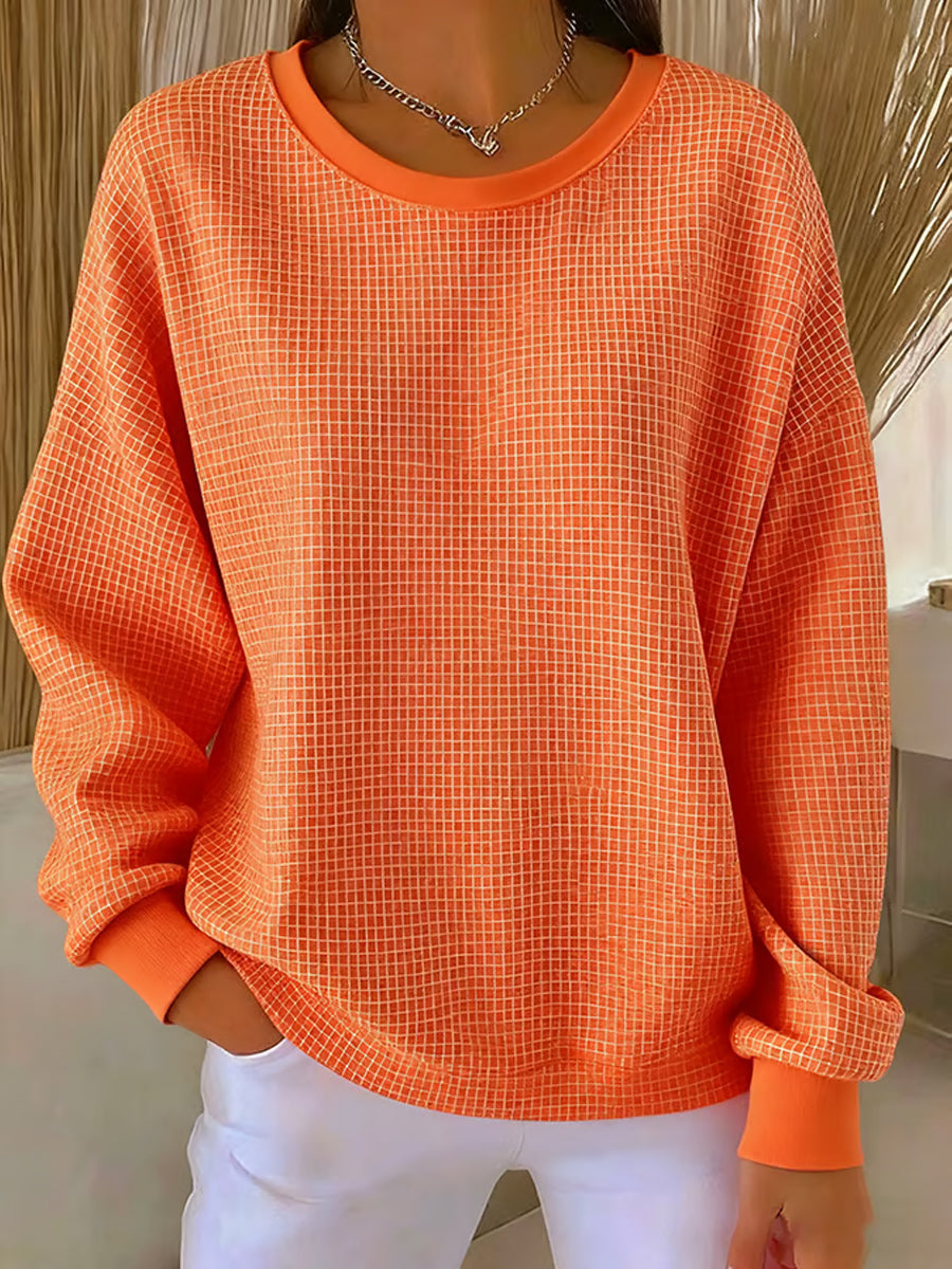 Women's Autumn Thanksgiving Plaid Print  Ribbed Round-Neck Sweatshirt